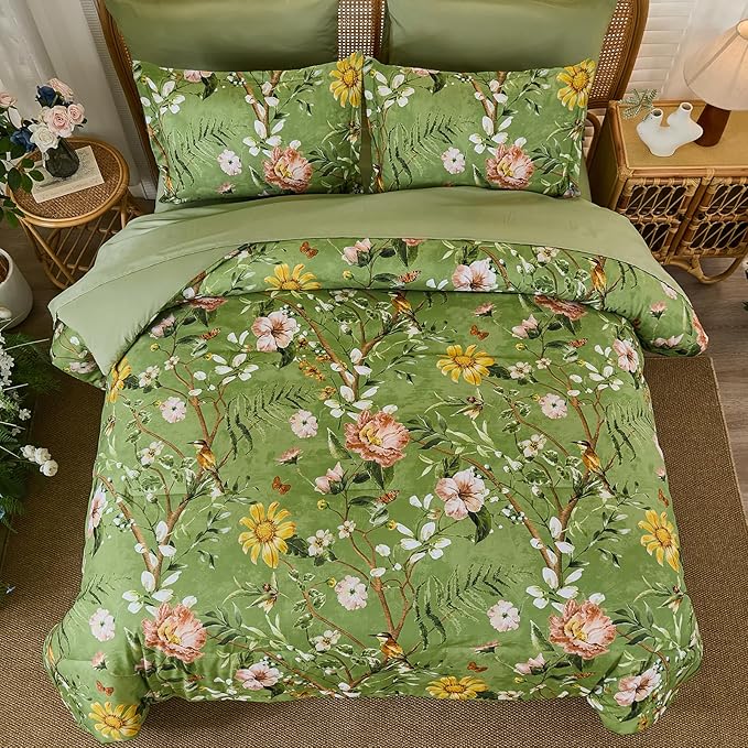Yiran Sage Green Hibiscus Floral Comforter Set King Size, 7 Piece Bird Flowers - Image 3