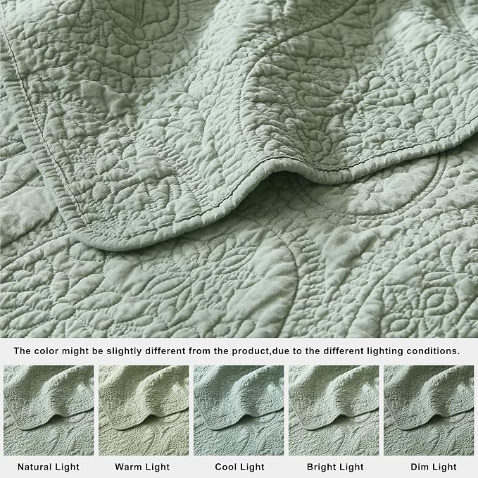 palassio Sage Green Paisley 100% Cotton Quilt California Cal King Size Bedding - Image 6