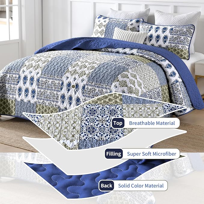 Mybedsoul Blue Quilt Set King Size 3 Pieces Boho Plaid Aqua Blue Floral - Image 6