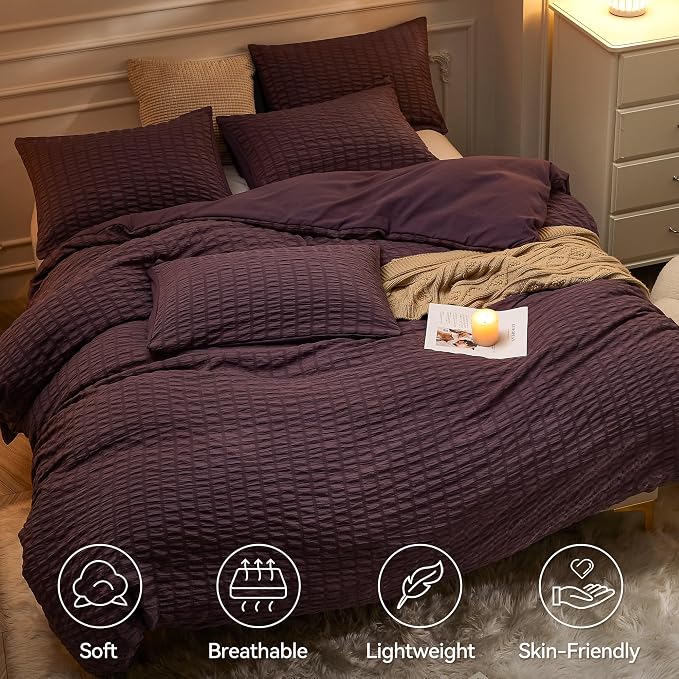 JELLYMONI Purple Duvet Cover Queen Size, Soft Breathable Seersucker Duvet Cover - Image 2