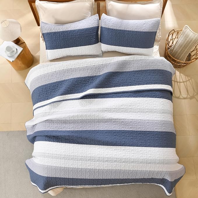 Litanika Oversized King Quilt Set Mineral Blue, 128x120 Stripe Bedspread - Image 3