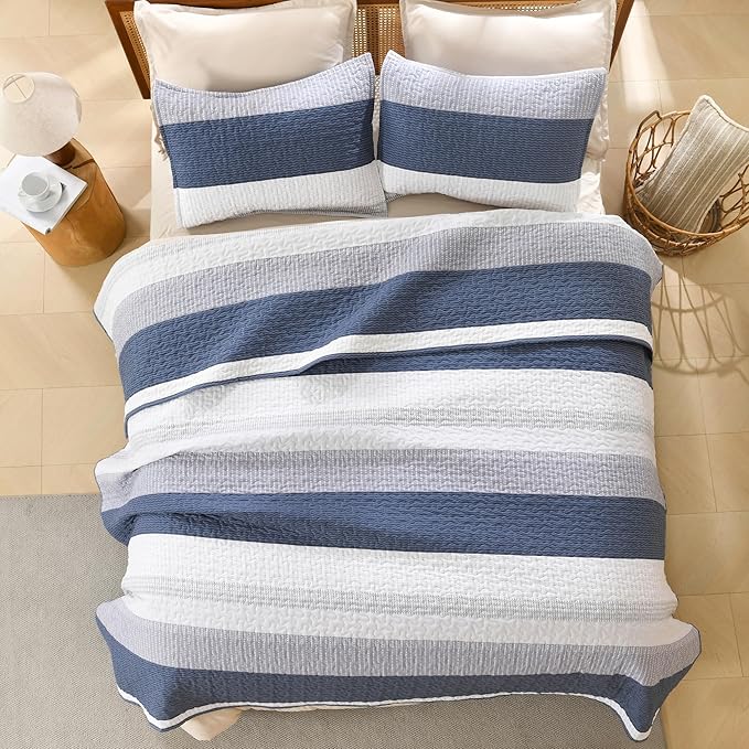 Litanika Quilt Queen Size Mineral Blue, Stripe Patchwork Summer Bedspread - Image 3