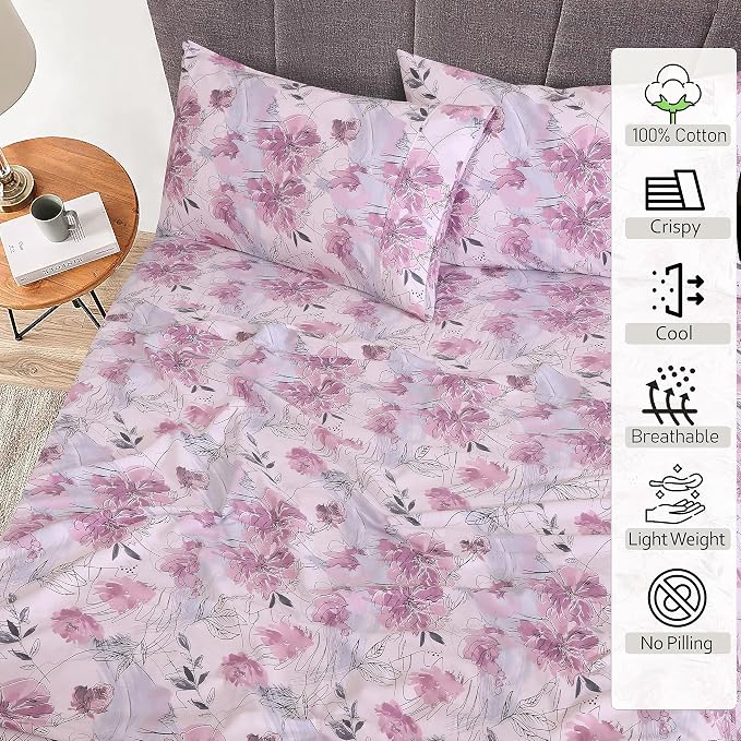Ruvanti 100% Cotton Bed Sheets, Lilac Floral Print Full Size Sheets Set - Image 2