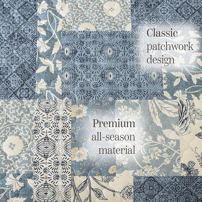 BLOOMHAVEN Quilt Set Queen Size, Patchwork Blue Floral Quilt Sets, Reversible - Image 6