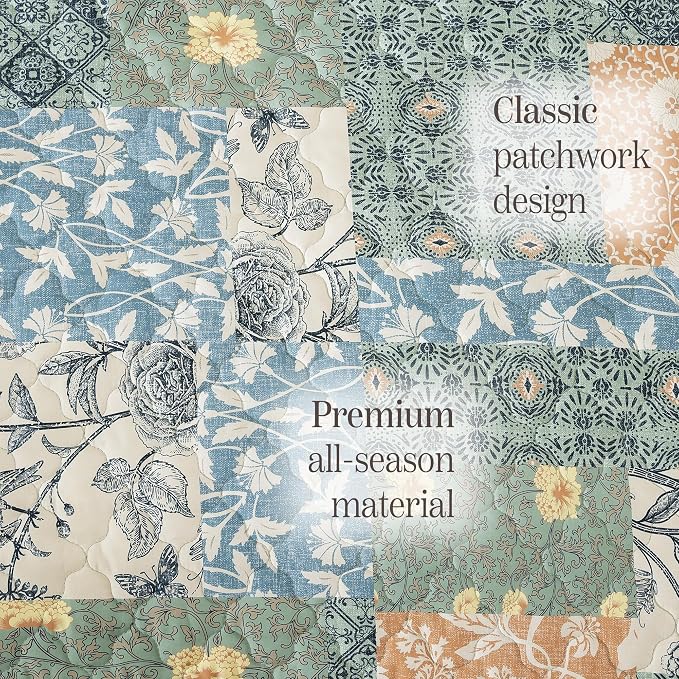 BLOOMHAVEN Quilt Set Queen Size, Patchwork Green Floral Quilt Sets, Reversible - Image 6