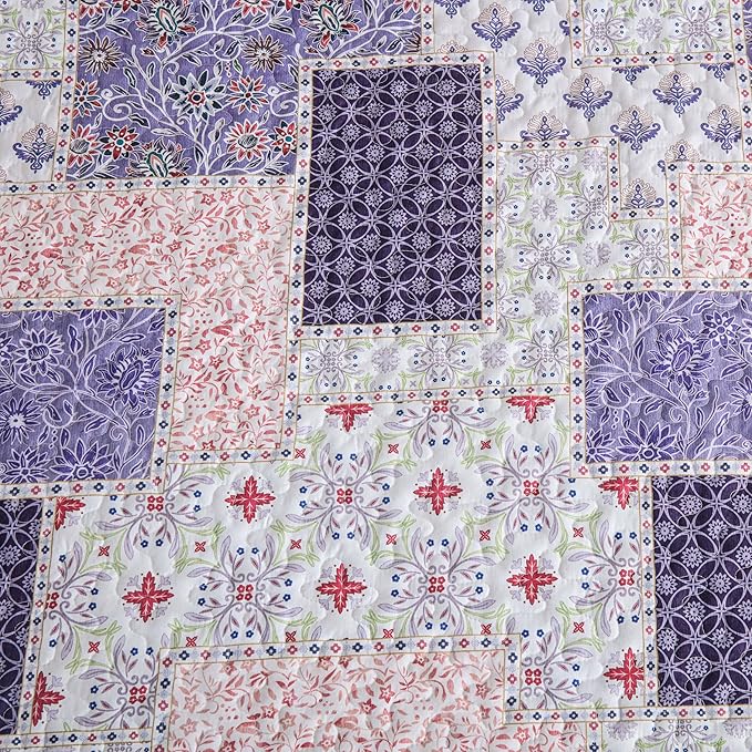 Xruibed Patchwork Quilt Set King Size 3 Pieces Plaid Floral Bedspread Coverlet - Image 5