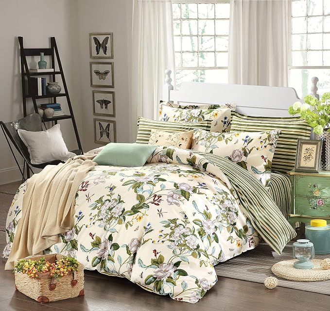 FADFAY Floral Duvet Cover Set 100% Cotton Green Striped and Beige Bedding White by CottonWorldSweetDream